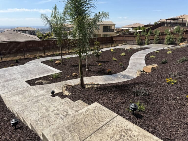 backyard landscaping with tree installation and concrete work