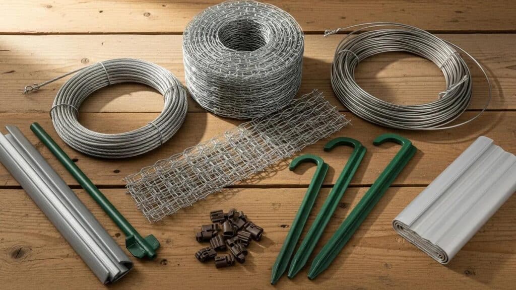 Different materials for snake fencing, including rust-resistant mesh and installation components, emphasizing quality and durability