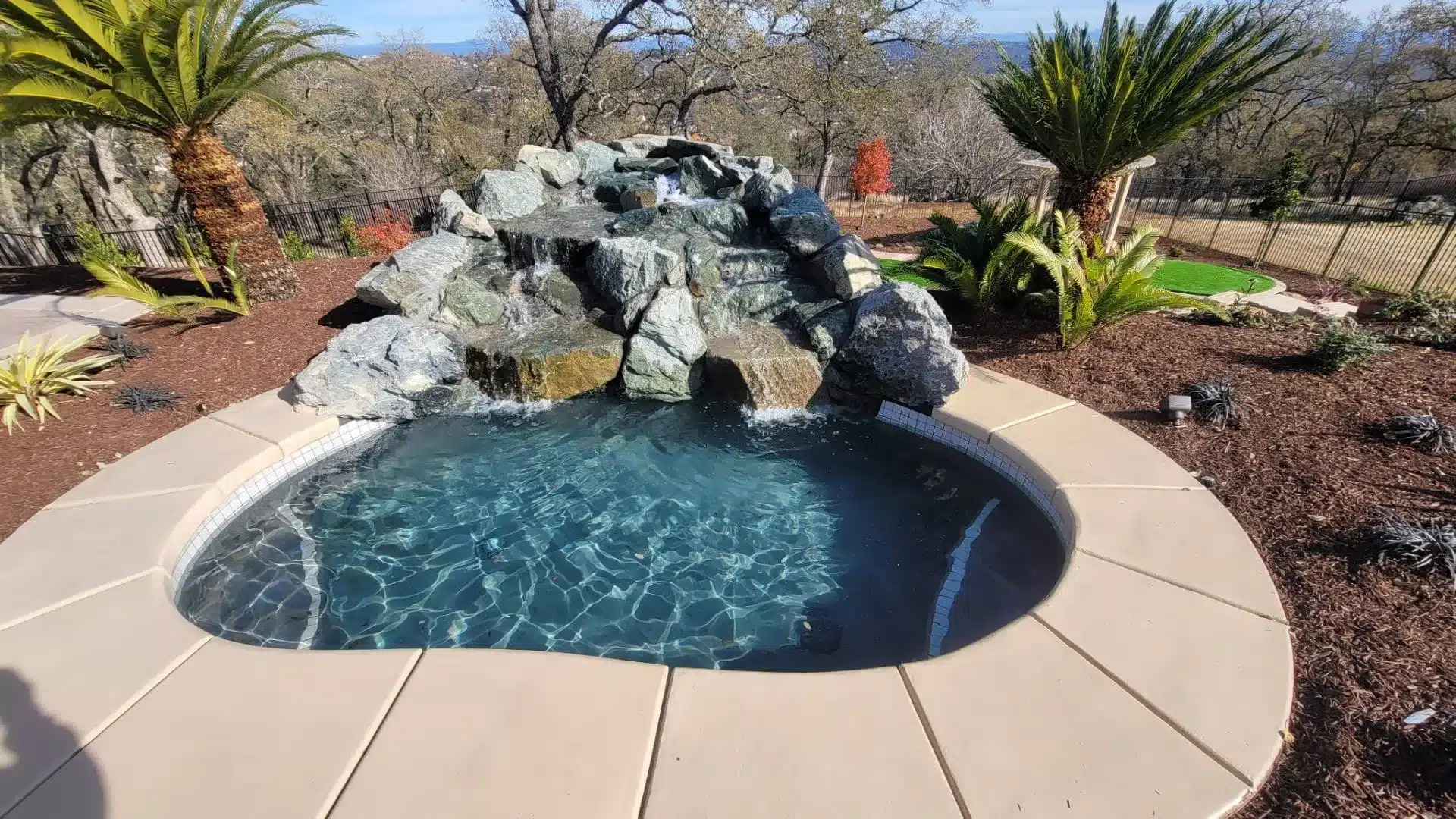 Outdoor spa with rock waterfall, palm trees, and lush landscaping.