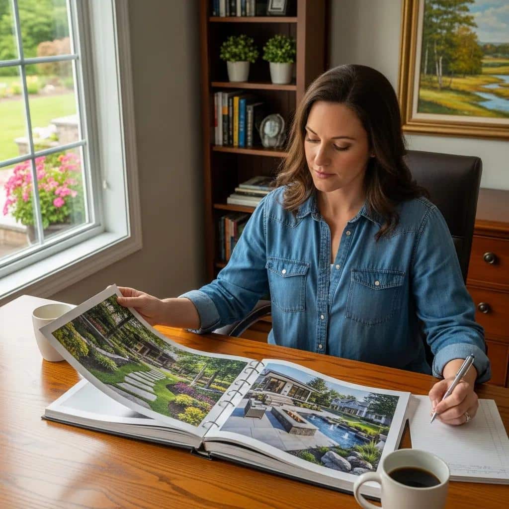 Homeowner reviewing a landscape contractor's portfolio in a cozy home office