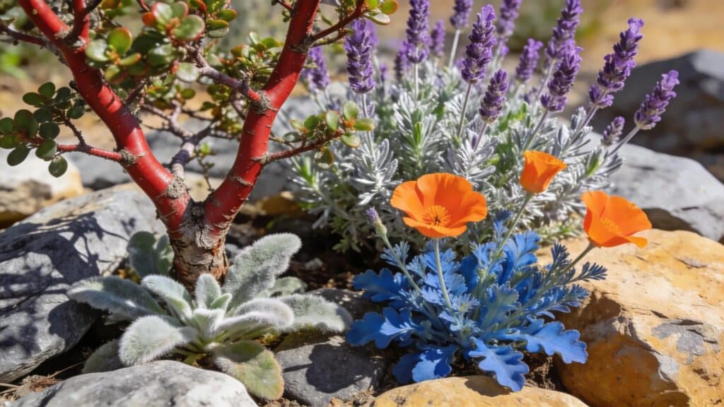 Close-up of native drought-tolerant plants for xeriscape gardens