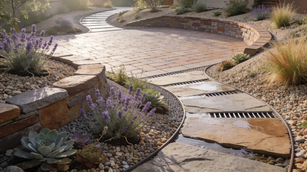 Xeriscape garden showcasing hardscape features that promote water conservation