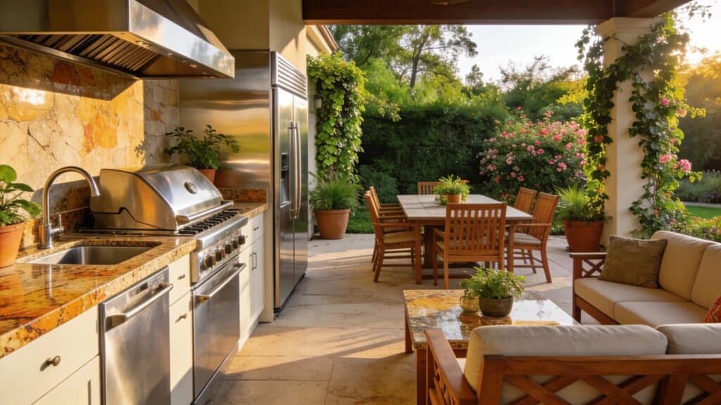 Luxurious outdoor kitchen with stainless steel and natural stone elements, showcasing an inviting entertainment space