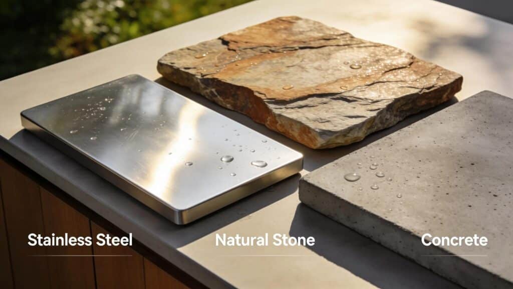 Selection of durable outdoor kitchen materials: stainless steel, natural stone, and concrete, emphasizing style and resilience