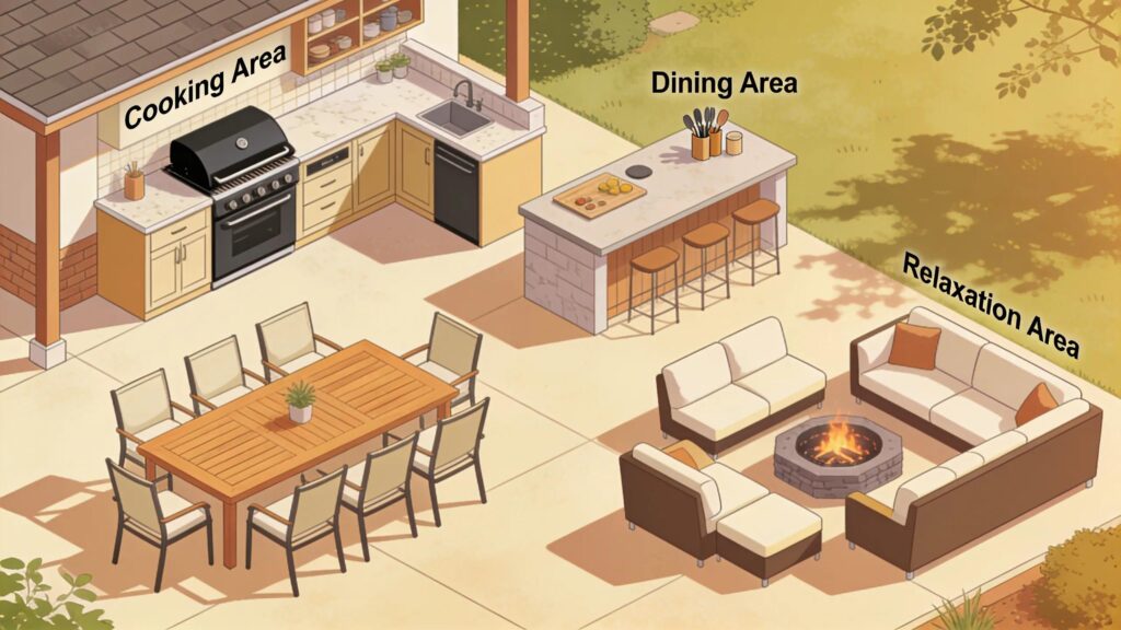 Optimized outdoor kitchen layout illustrating functional zones for cooking, dining, and relaxation