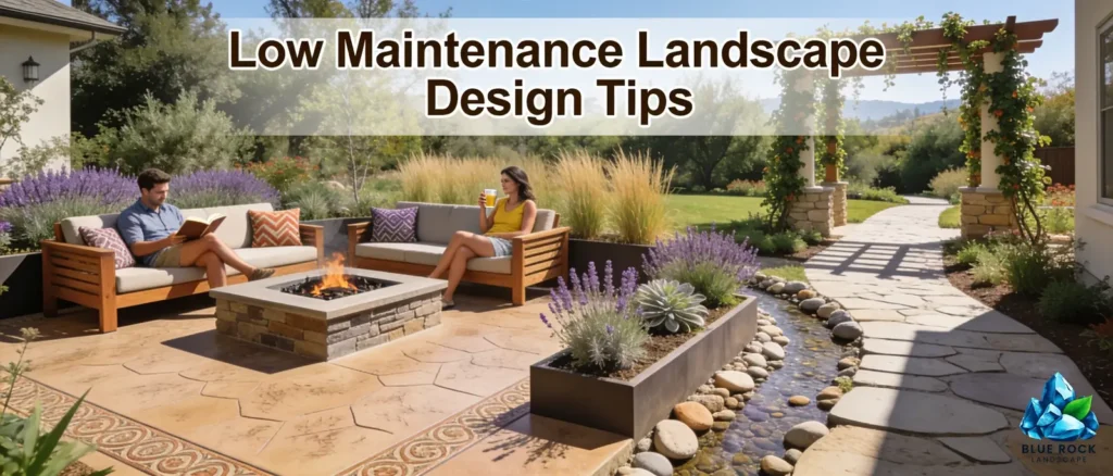 Low maintenance landscape design reduces mowing, trimming, watering, cleanup and repairs while preserving curb appeal