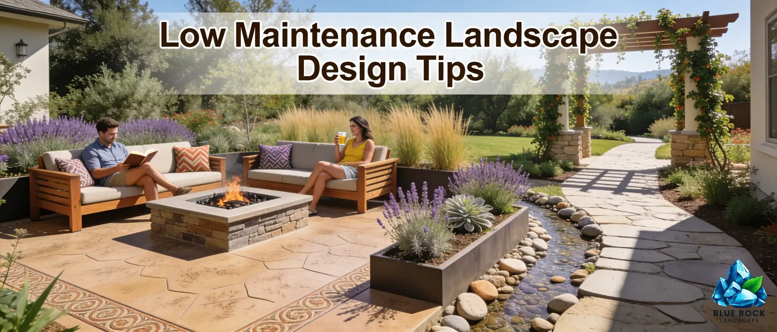 Low maintenance landscape design reduces mowing, trimming, watering, cleanup and repairs while preserving curb appeal