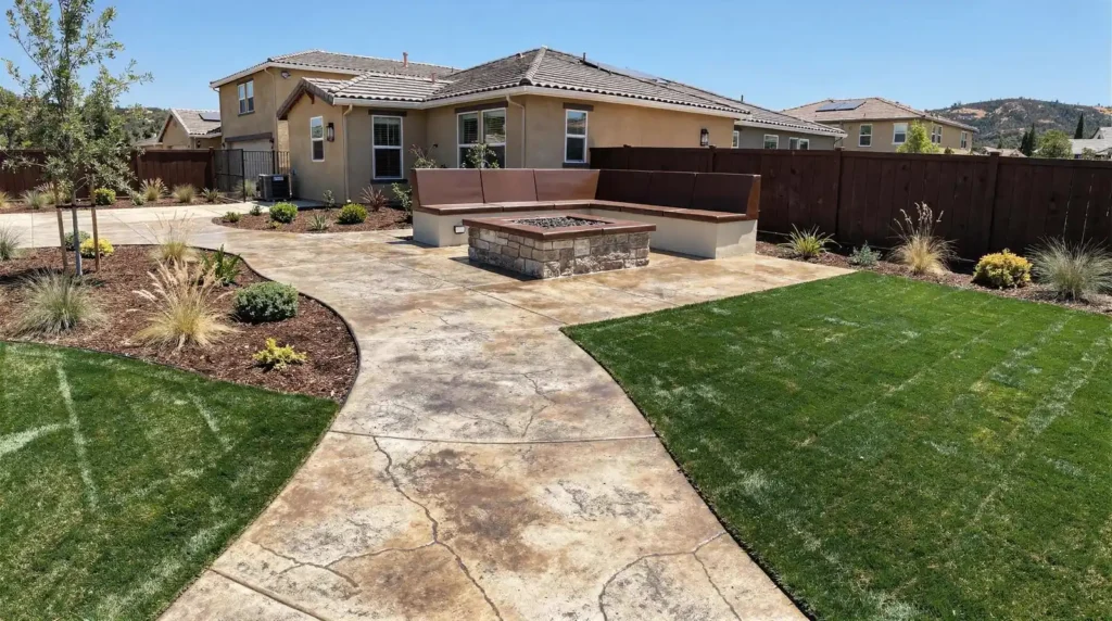 Custom concrete patios, driveways, and walkways provide durable, low-upkeep hardscape that adds curb appeal.; Sod