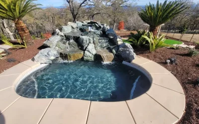 Outdoor spa with rock waterfall, palm trees, and lush landscaping.